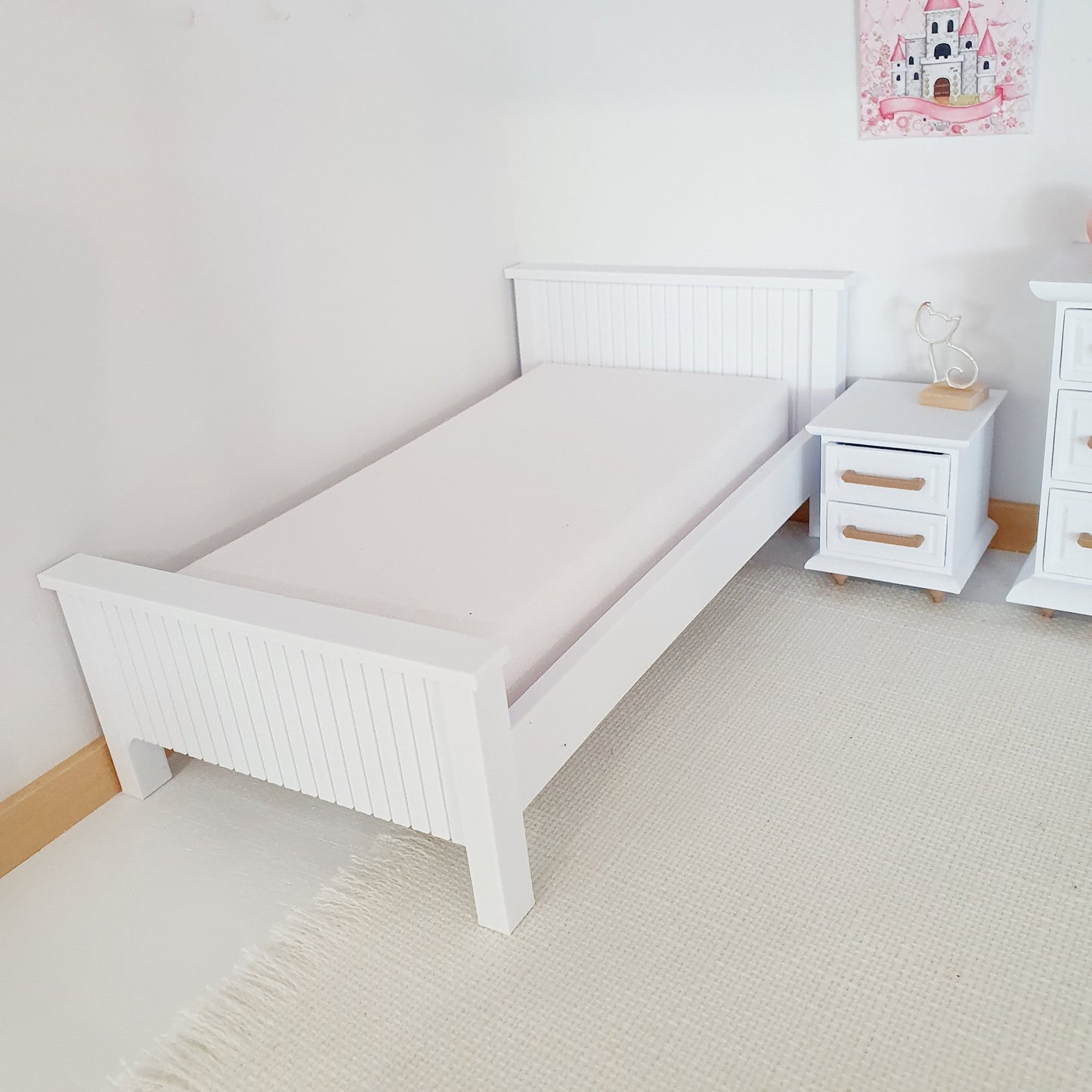 Dolls House Single Bed, Modern Doll House Furniture. 1:12th Scale, Miniature Bed, Choice of Colours (BRSB)