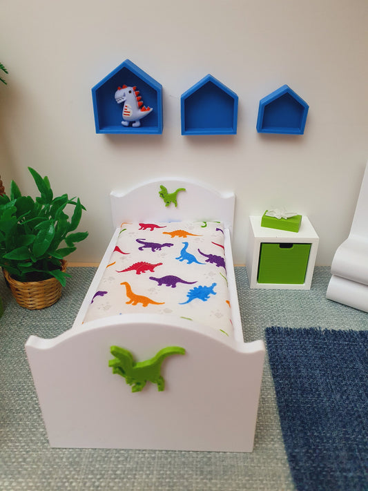 Dolls House Dinosaur Junior Bed White, 1:12th Scale Children's furniture, Miniature Bed