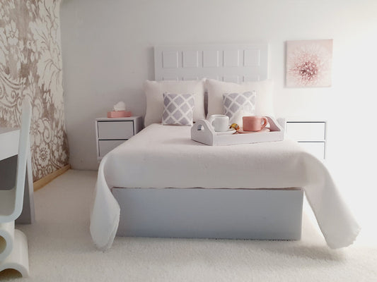 Dolls House Modern Choice of Colours, Double Bed High Headboard & Opening Drawers 1:12th Scale, Miniature Double Bed (BRTB)