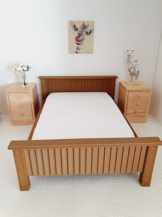 Dolls House Dark Wooden Effect Double Bed 1:12th Scale, Miniature Bed with White Mattress