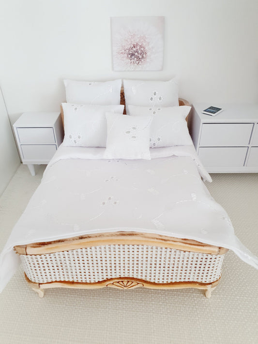 Dolls House Wooden Double Bed 1:12th Scale, Miniature Bed with Mattress (BRWB)