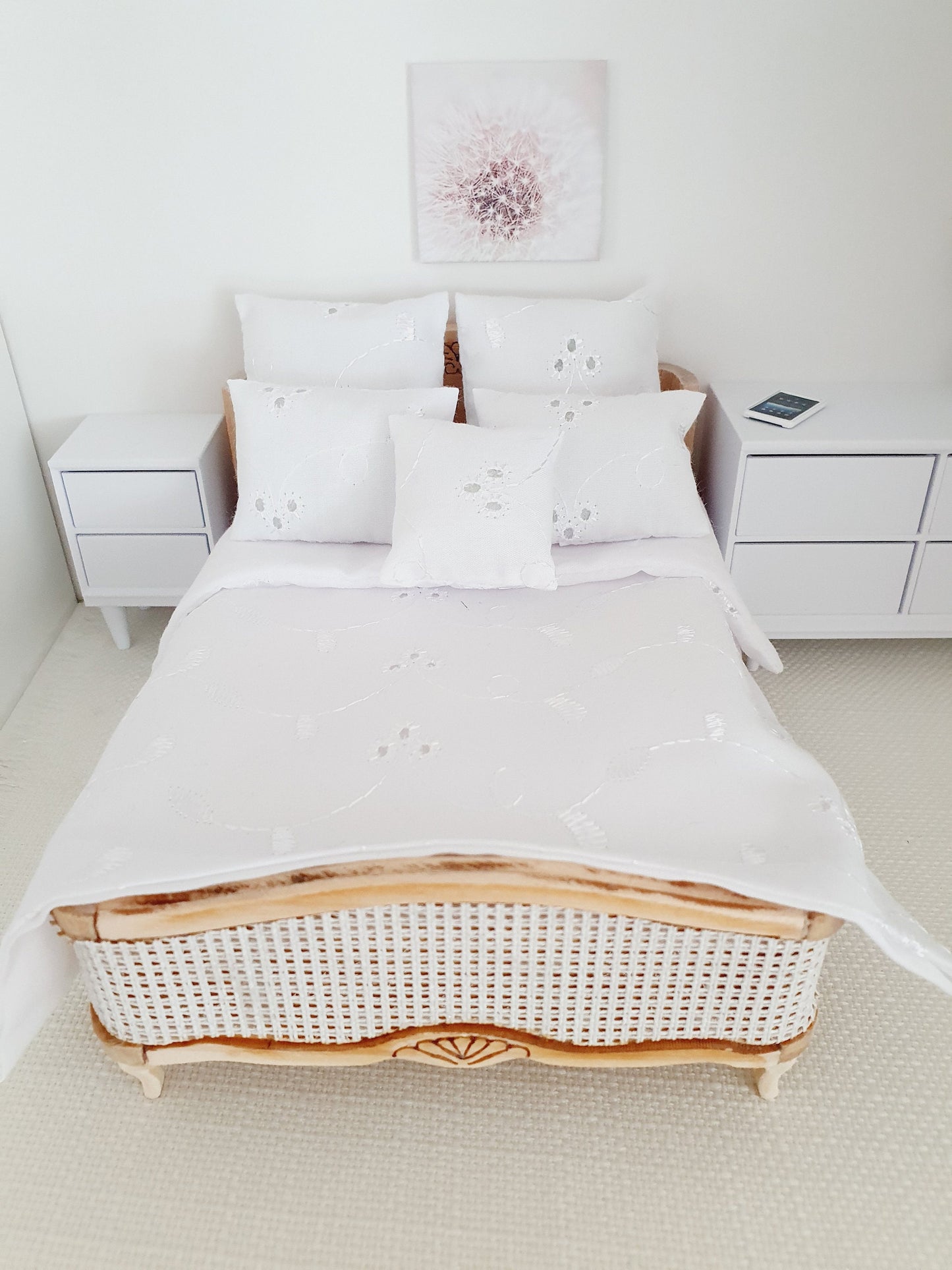 Dolls House Wooden Double Bed 1:12th Scale, Miniature Bed with Mattress (BRWB)