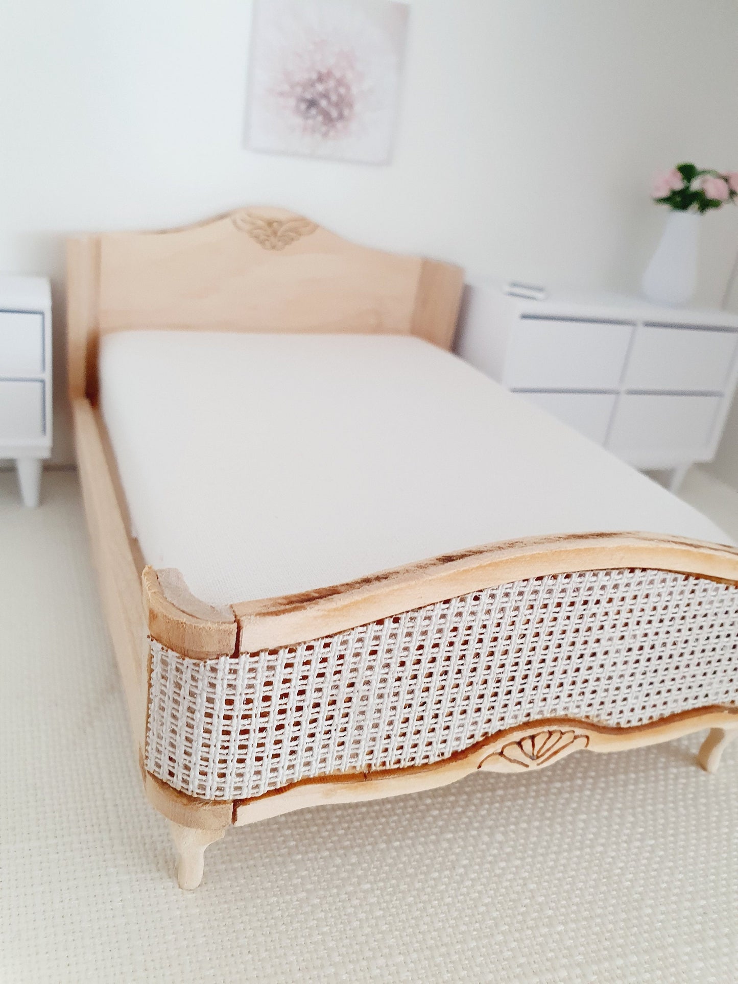 Dolls House Wooden Double Bed 1:12th Scale, Miniature Bed with Mattress (BRWB)