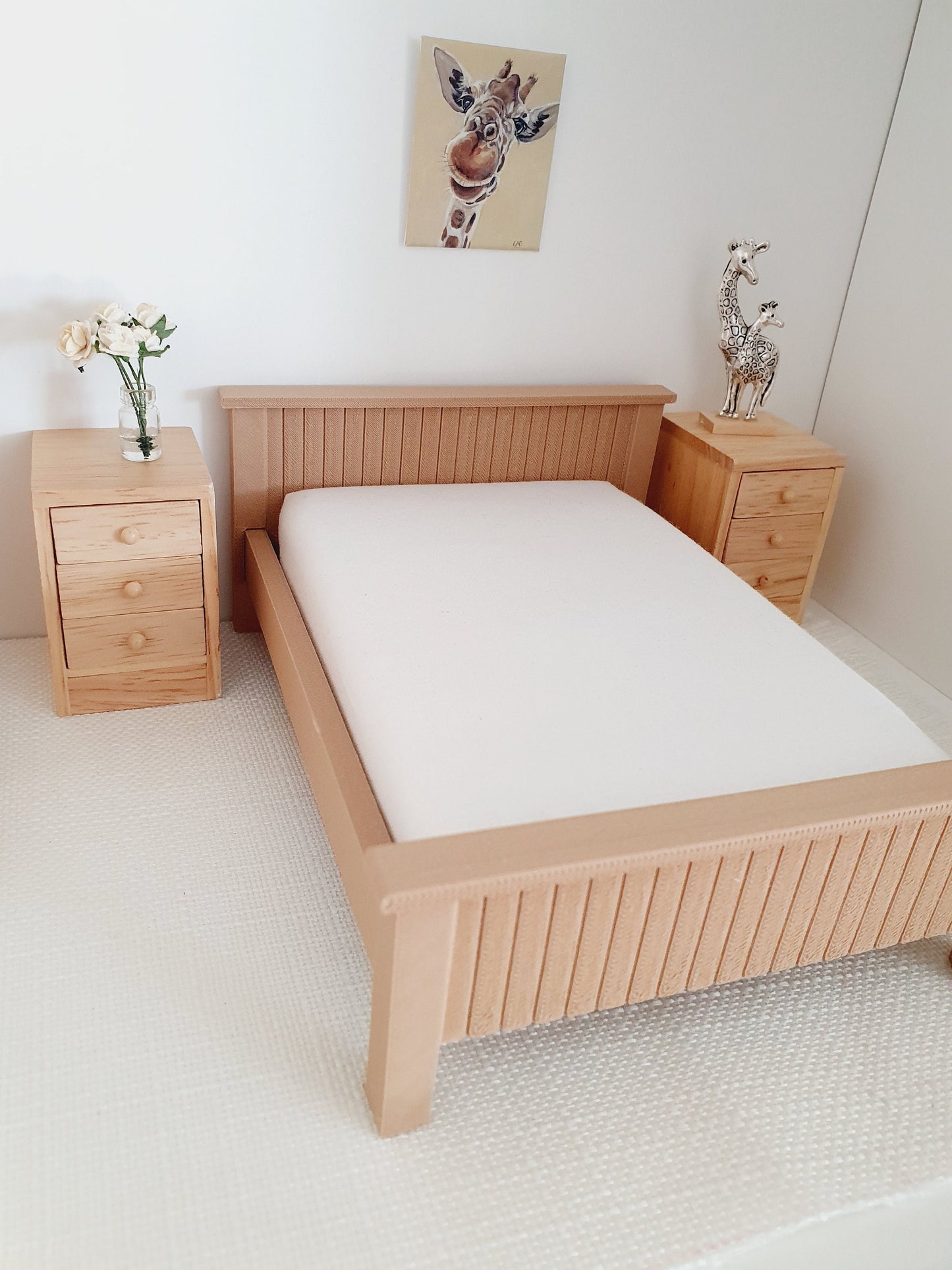 Dolls House Wooden Effect Double Bed 1:12th Scale, Miniature Bed with White Mattress