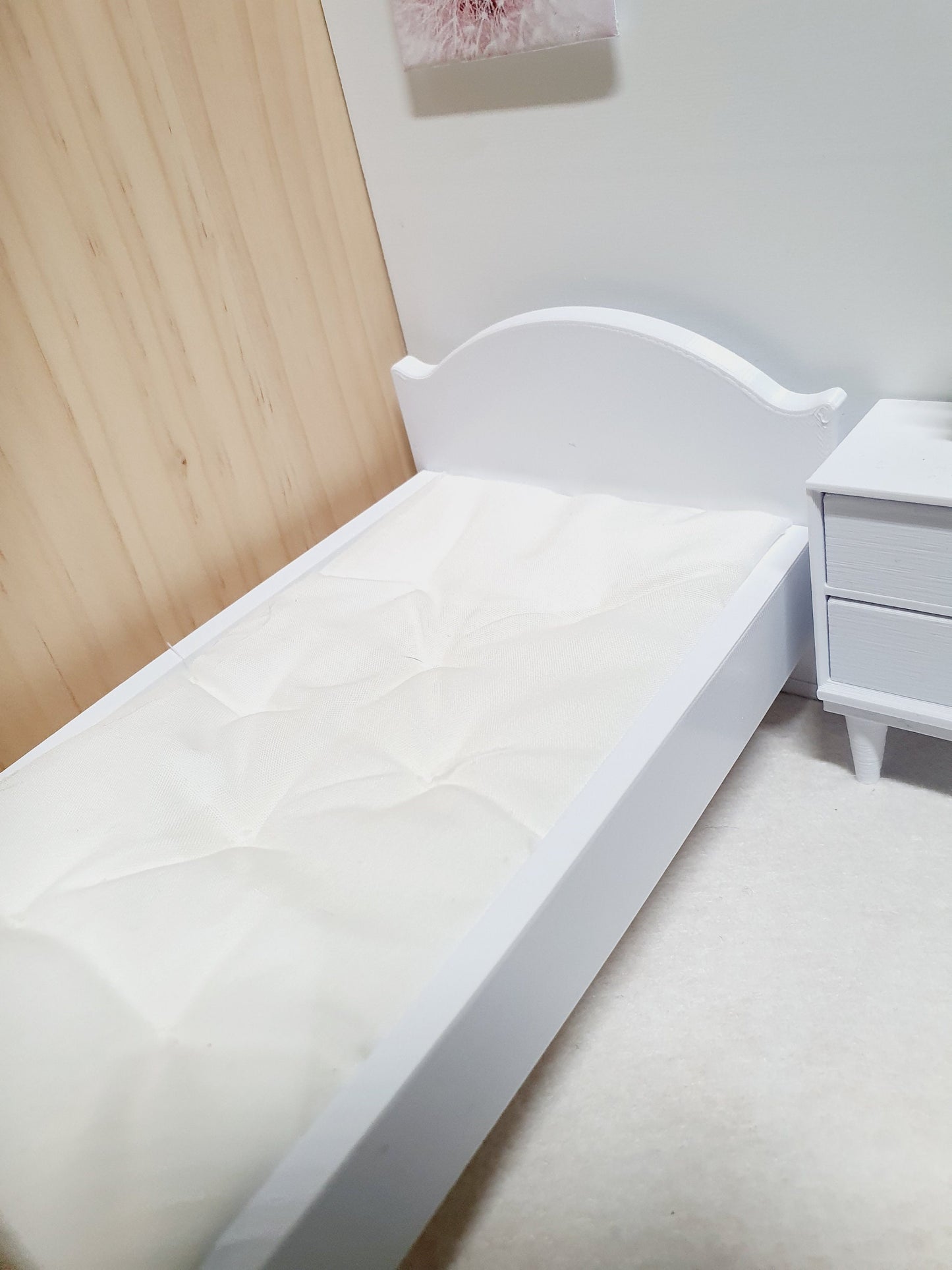 Dolls House Single Bed, Modern Doll House Furniture. 1:12th Scale, Miniature Bed, Choice of Colours (BRSCB)