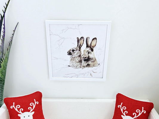 Dolls House Modern Framed Wall Art, Winter Rabbit Scene print, 12th scale, miniature wall picture for any room