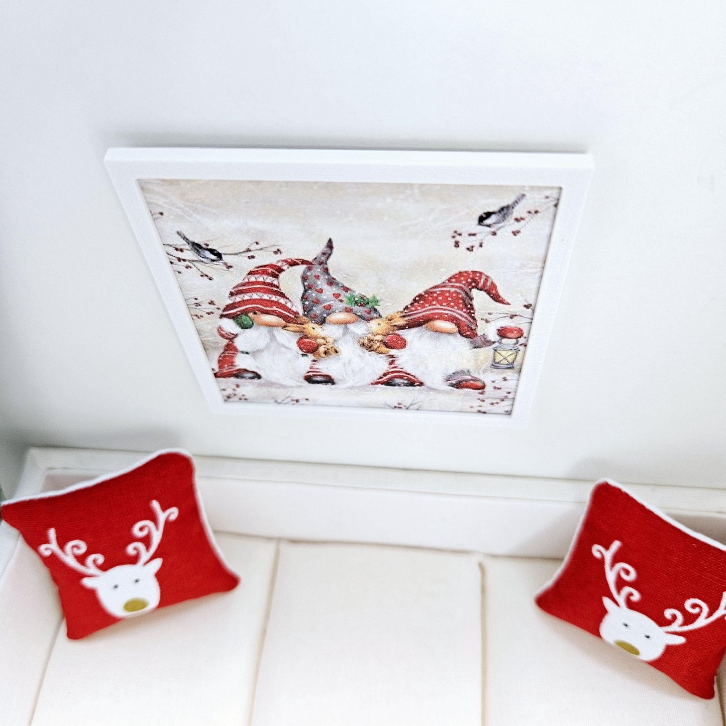 Dolls House Modern Framed Wall Art, Christmas Gonks print, 12th scale, miniature wall picture for any room