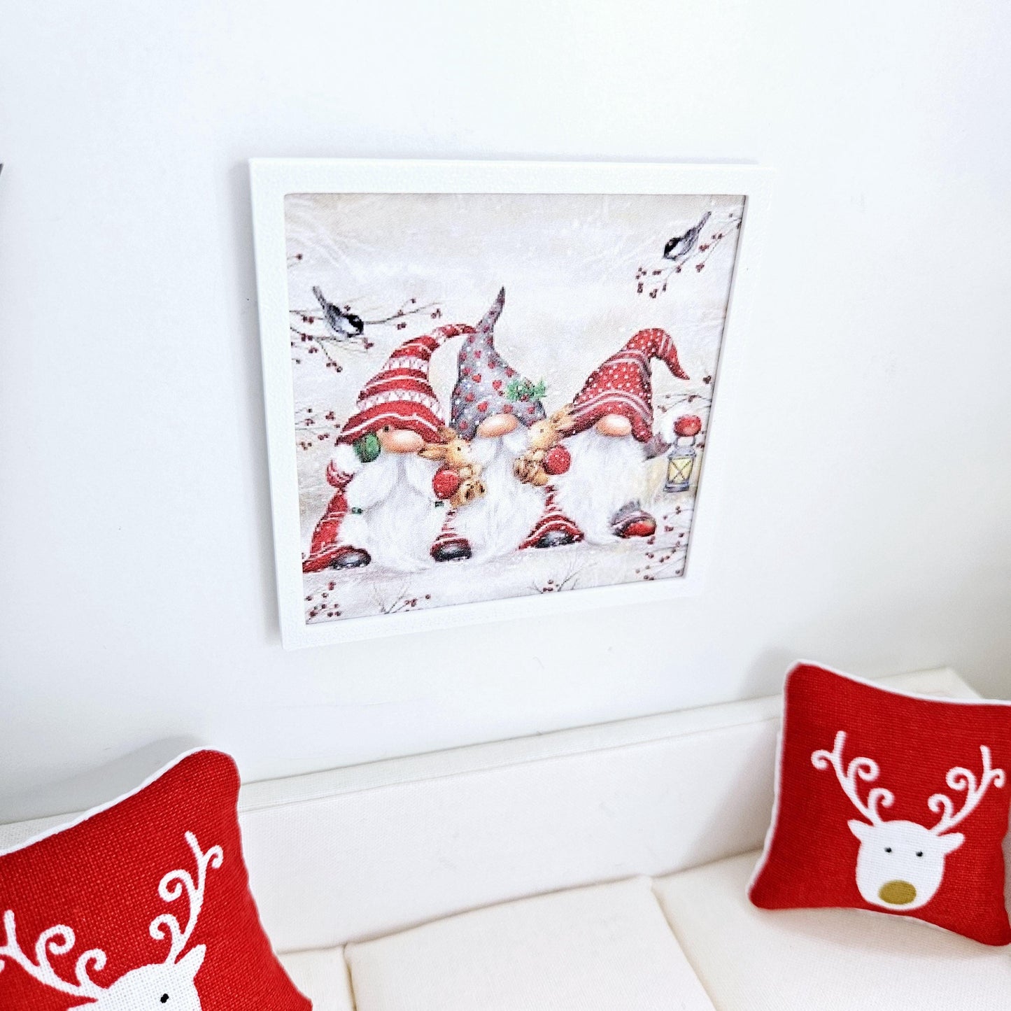 Dolls House Modern Framed Wall Art, Christmas Gonks print, 12th scale, miniature wall picture for any room