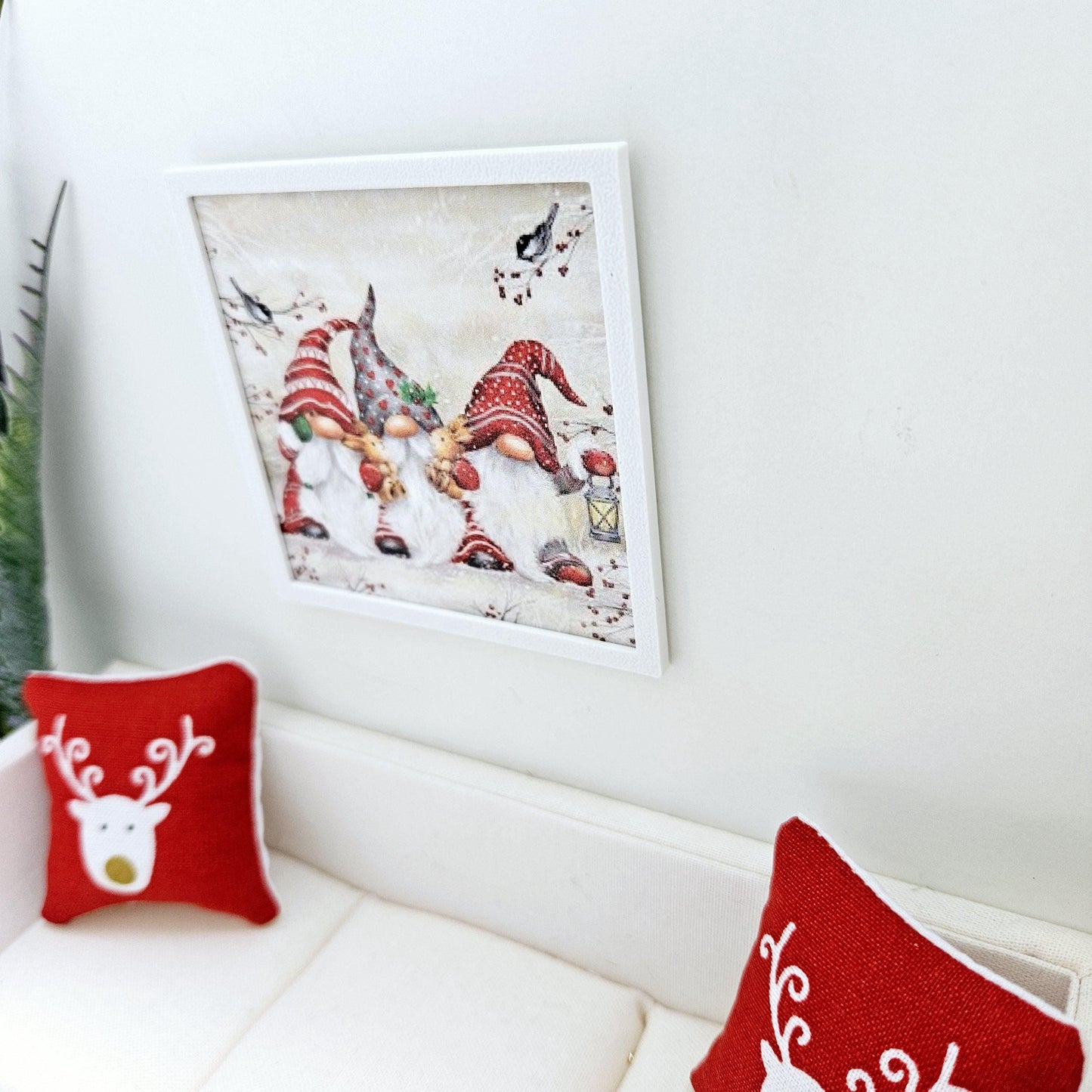 Dolls House Modern Framed Wall Art, Christmas Gonks print, 12th scale, miniature wall picture for any room