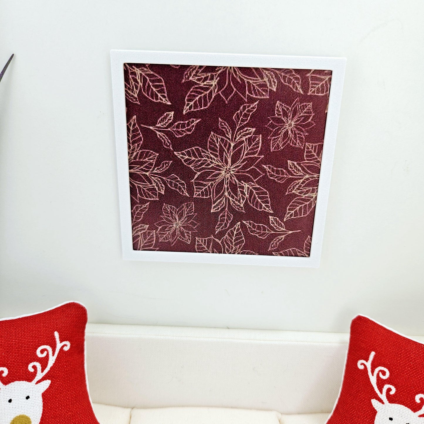 Dolls House Modern Framed Wall Art, Dark Red Poinsettia print, 12th scale, miniature wall picture for any room