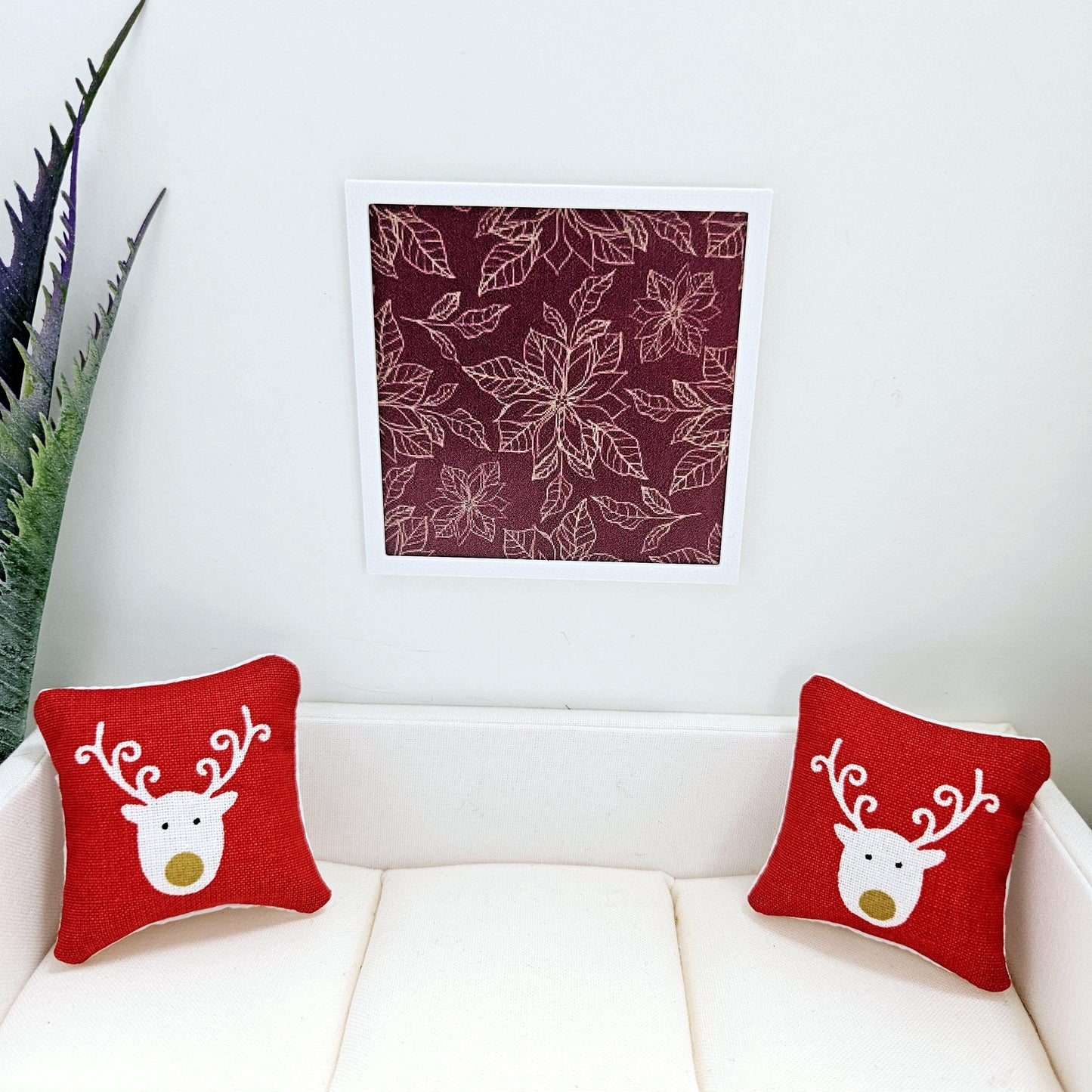 Dolls House Modern Framed Wall Art, Dark Red Poinsettia print, 12th scale, miniature wall picture for any room
