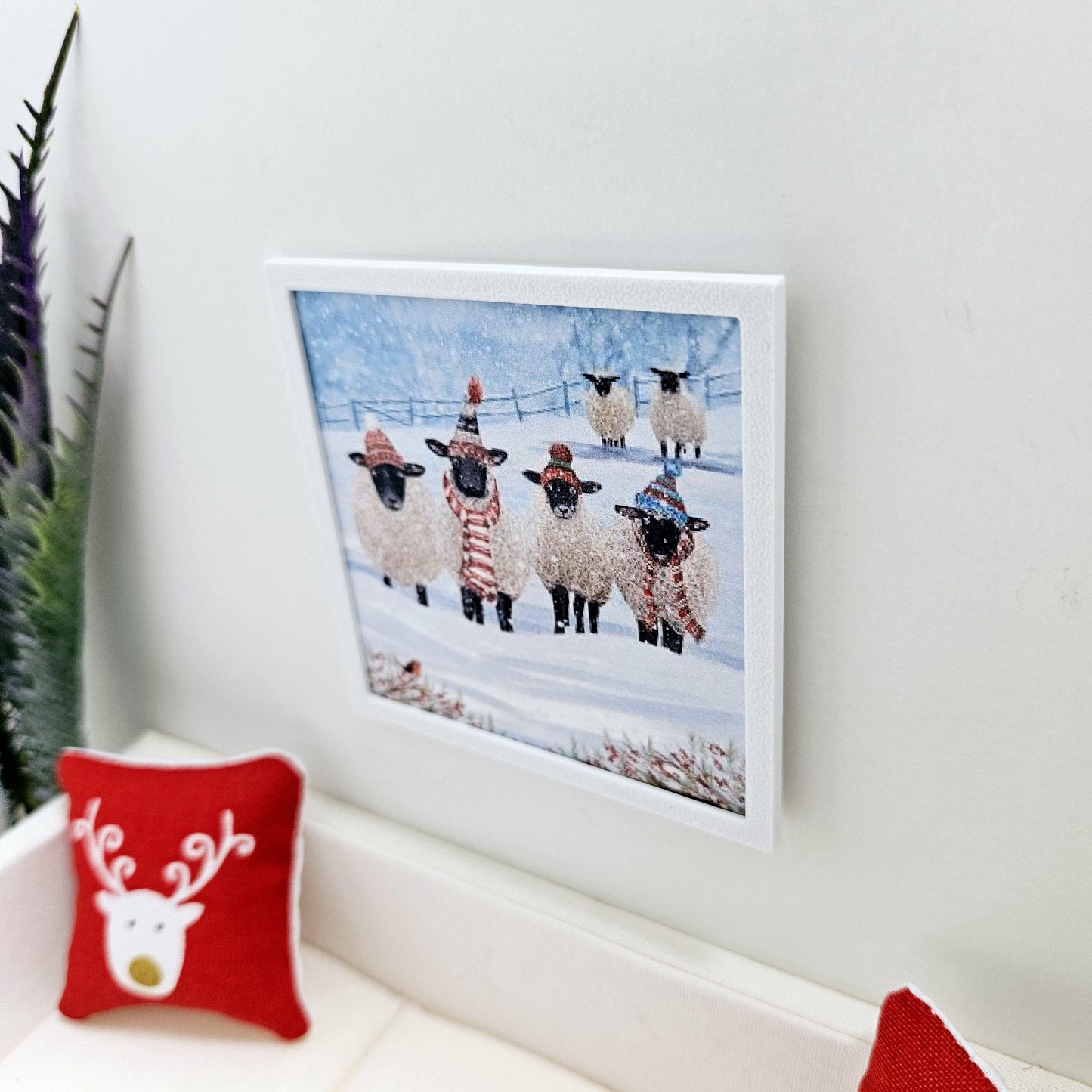 Dolls House Modern Framed Wall Art, Christmas Sheep print, 12th scale, miniature wall picture for any room