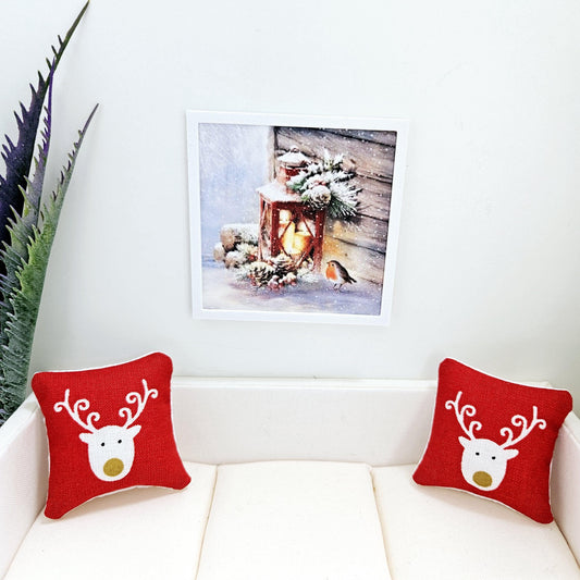 Dolls House Modern Framed Wall Art, Christmas Lantern & Robin print, 12th scale, miniature wall picture for any room