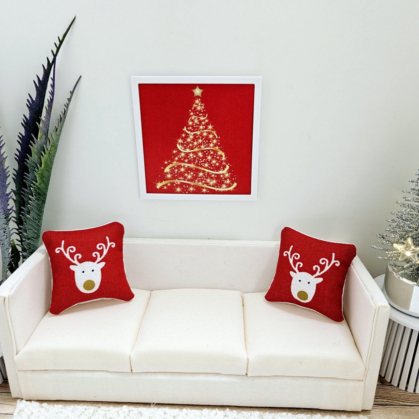 Dolls House Modern Framed Wall Art, Red Christmas Tree print, 12th scale, miniature wall picture for any room