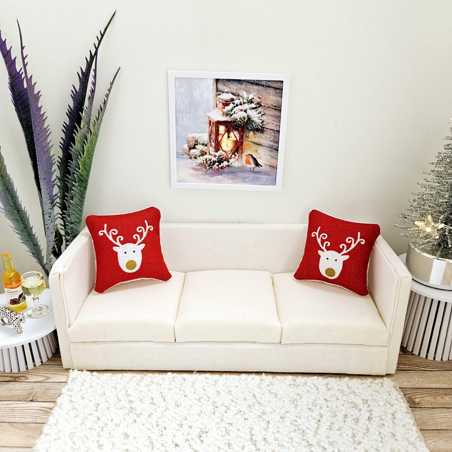 Dolls House Modern Framed Wall Art, Christmas Lantern & Robin print, 12th scale, miniature wall picture for any room