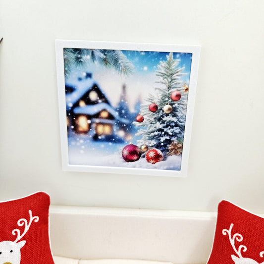 Dolls House Modern Framed Wall Art, Christmas House & Baubles print, 12th scale, miniature wall picture for any room