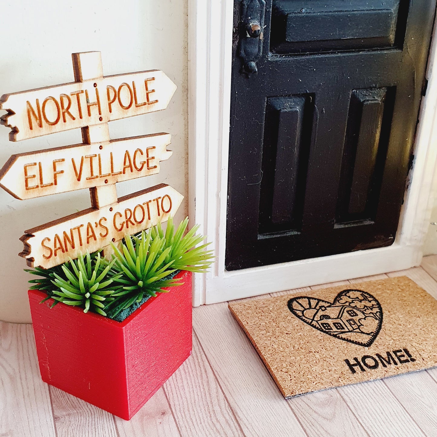 Dolls House Wooden Christmas Sign in Coloured Plant Pot with Green Plants, 1:12th Scale, Miniature Plant Pot, Dollhouse Christmas