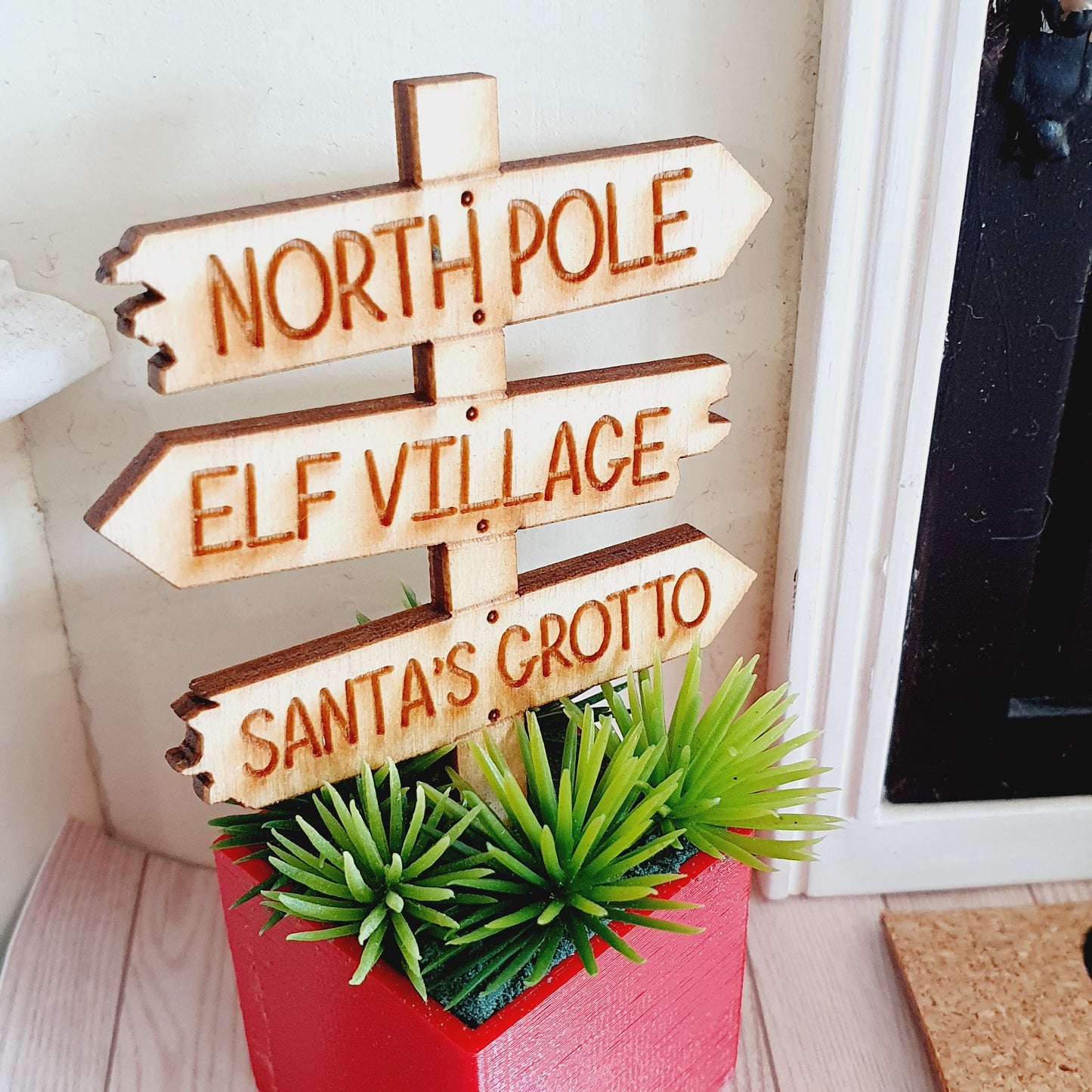Dolls House Wooden Christmas Sign in Coloured Plant Pot with Green Plants, 1:12th Scale, Miniature Plant Pot, Dollhouse Christmas