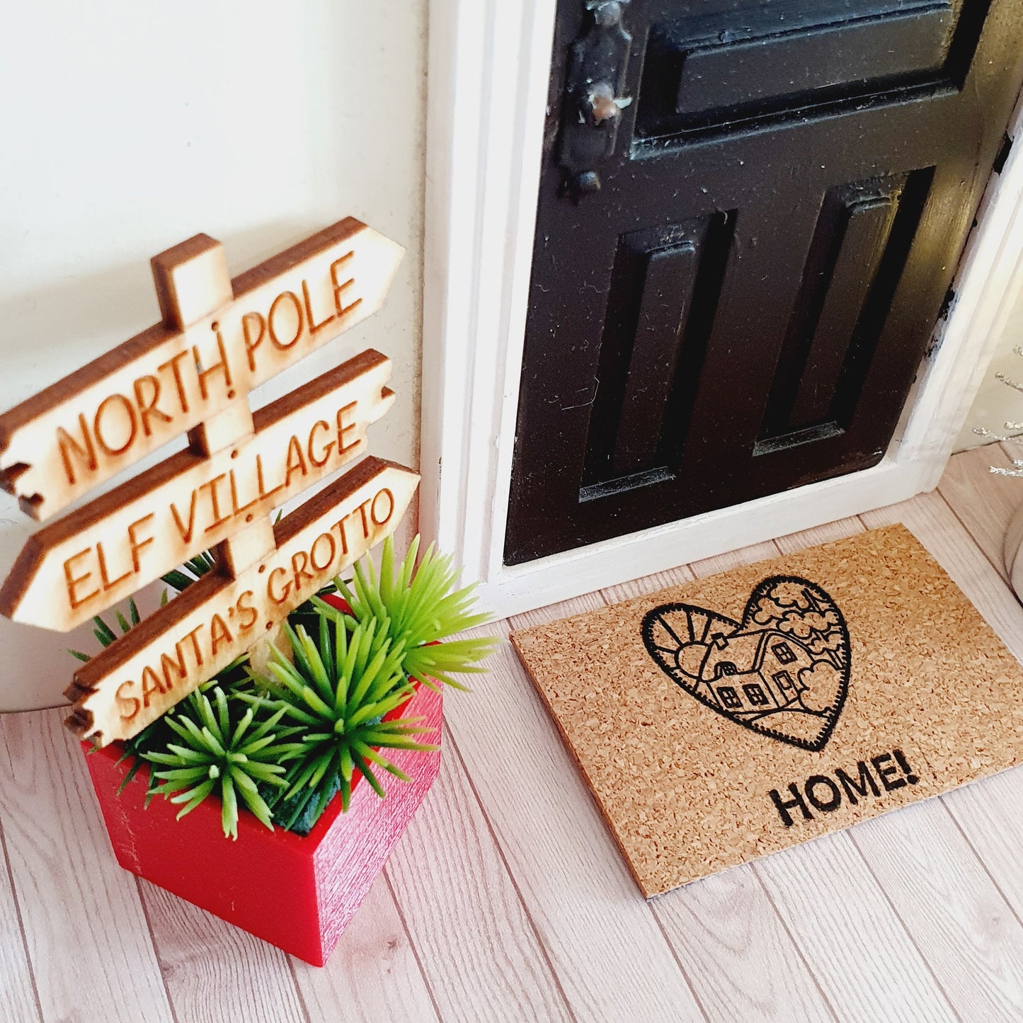 Dolls House Wooden Christmas Sign in Coloured Plant Pot with Green Plants, 1:12th Scale, Miniature Plant Pot, Dollhouse Christmas