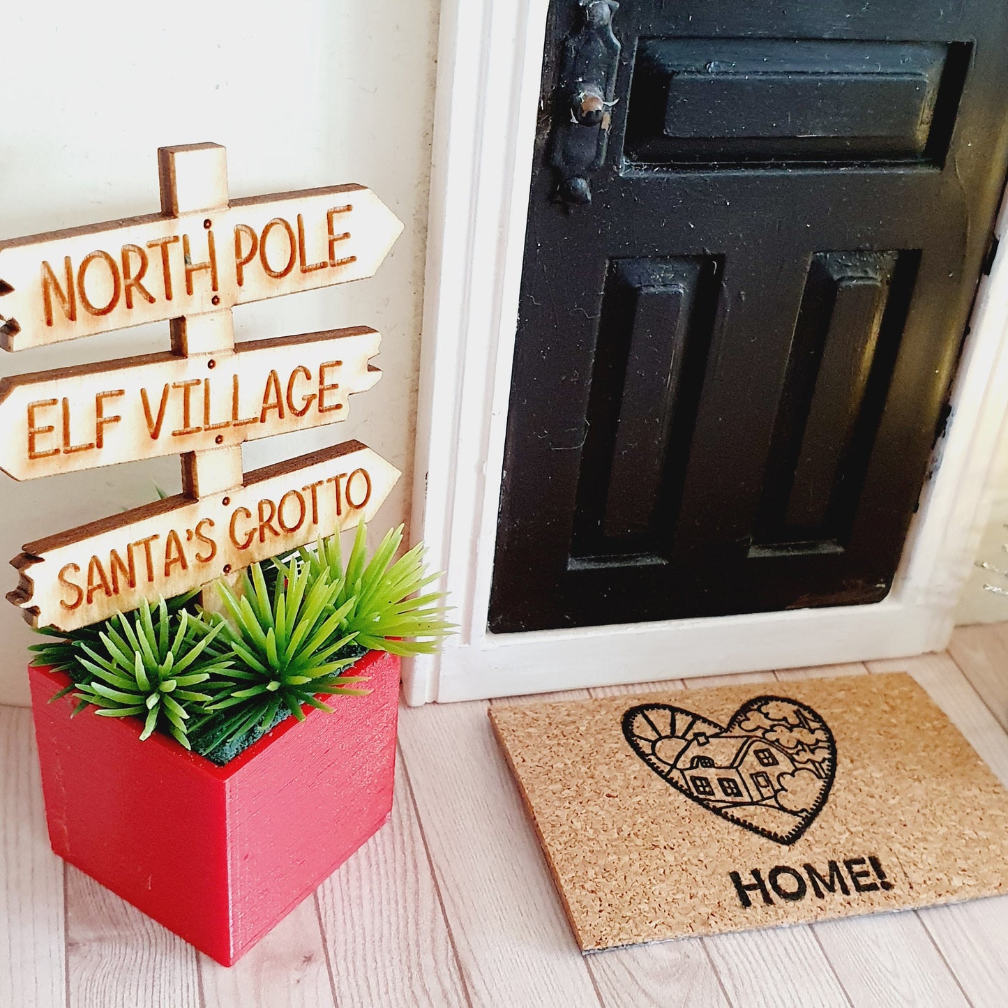 Dolls House Wooden Christmas Sign in Coloured Plant Pot with Green Plants, 1:12th Scale, Miniature Plant Pot, Dollhouse Christmas