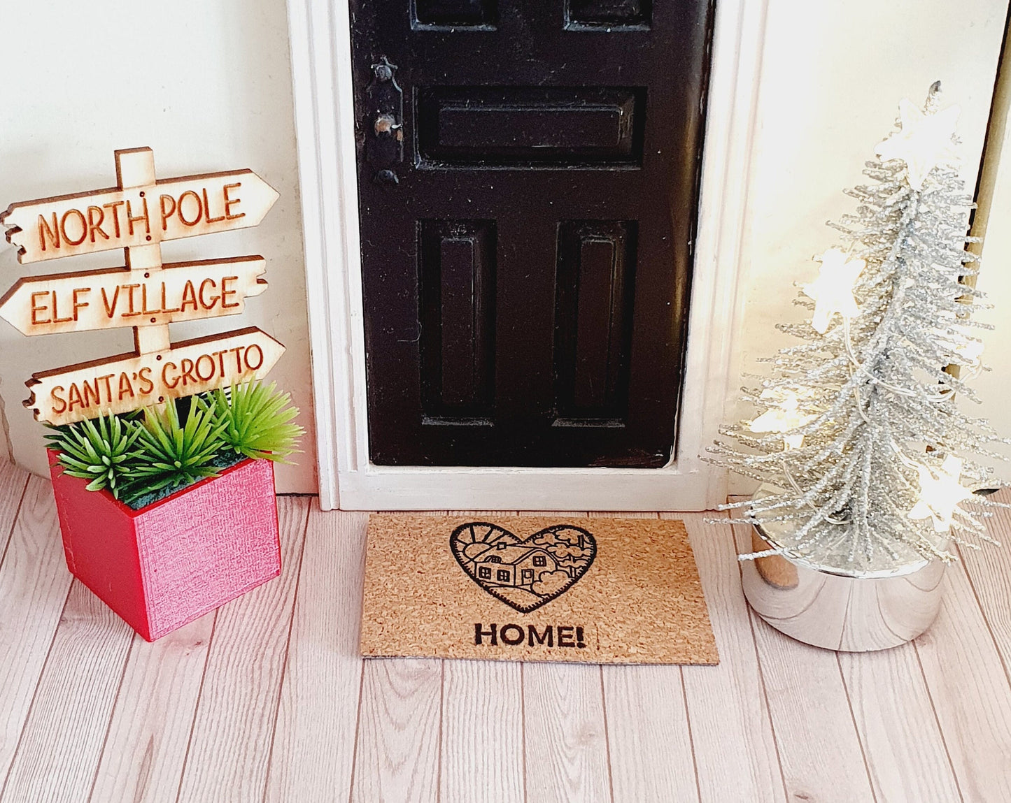 Dolls House Wooden Christmas Sign in Coloured Plant Pot with Green Plants, 1:12th Scale, Miniature Plant Pot, Dollhouse Christmas