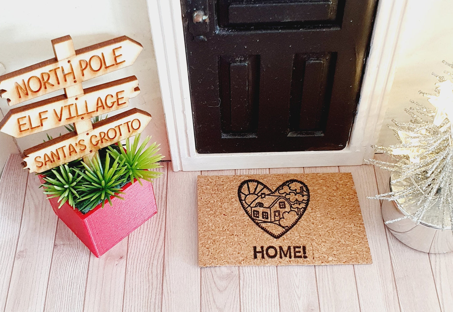 Dolls House Wooden Christmas Sign in Coloured Plant Pot with Green Plants, 1:12th Scale, Miniature Plant Pot, Dollhouse Christmas