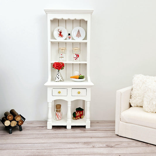 Dolls House Christmas White Wooden Dresser with 2 opening drawers and accessories, 1:12th Scale, Miniature Christmas Dresser