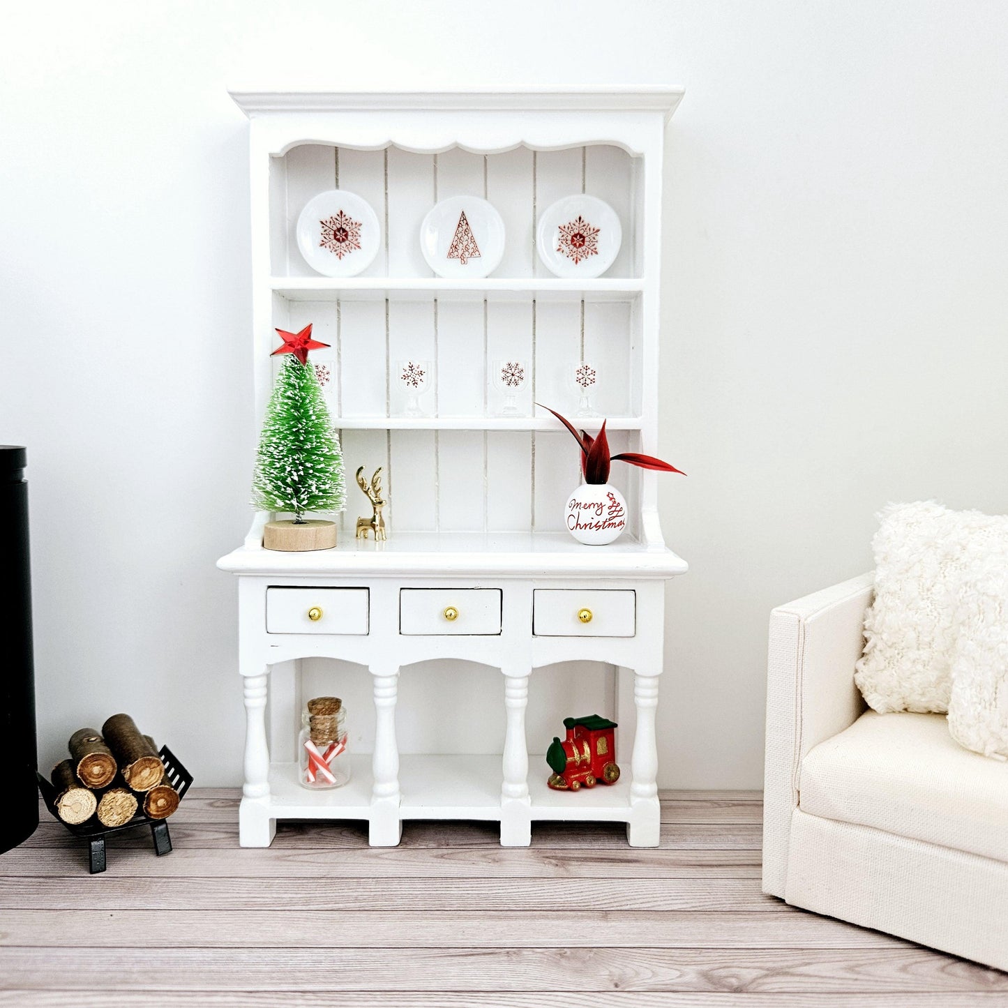 Dolls House Christmas White Wooden Dresser with 3 opening drawers and accessories, 1:12th Scale, Miniature Christmas Dresser