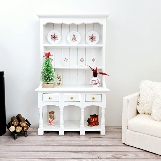 Dolls House Christmas White Wooden Dresser with 3 opening drawers and accessories, 1:12th Scale, Miniature Christmas Dresser
