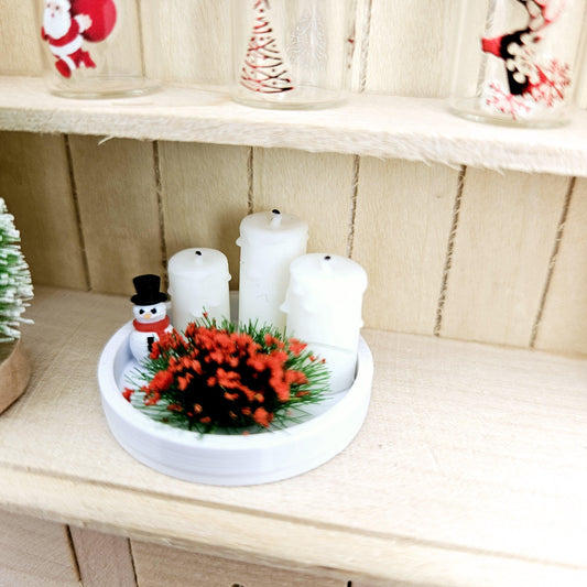 Dolls House Christmas Coloured tray ornament with 3x candles, red plant & a tiny snowman, 12th scale, miniature ornament