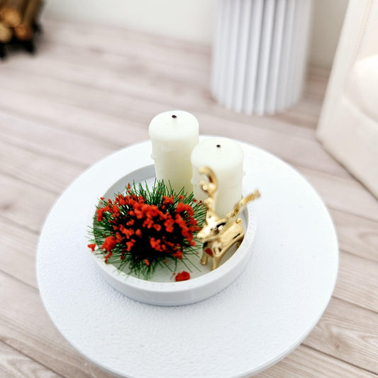 Dolls House Christmas Coloured tray ornament with 2x candles, white or red plant & a gold reindeer, 12th scale, miniature ornament