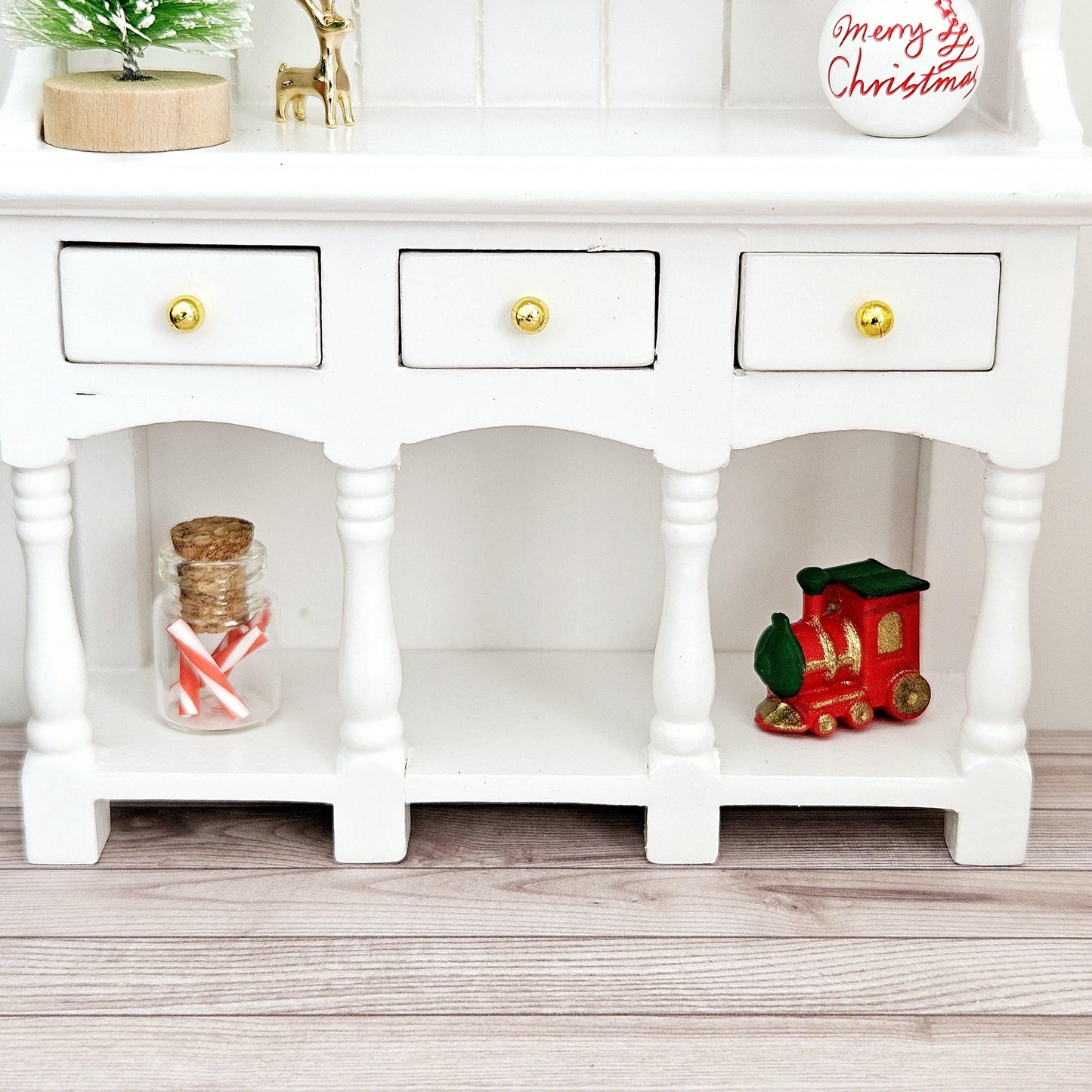 Dolls House Christmas White Wooden Dresser with 3 opening drawers and accessories, 1:12th Scale, Miniature Christmas Dresser