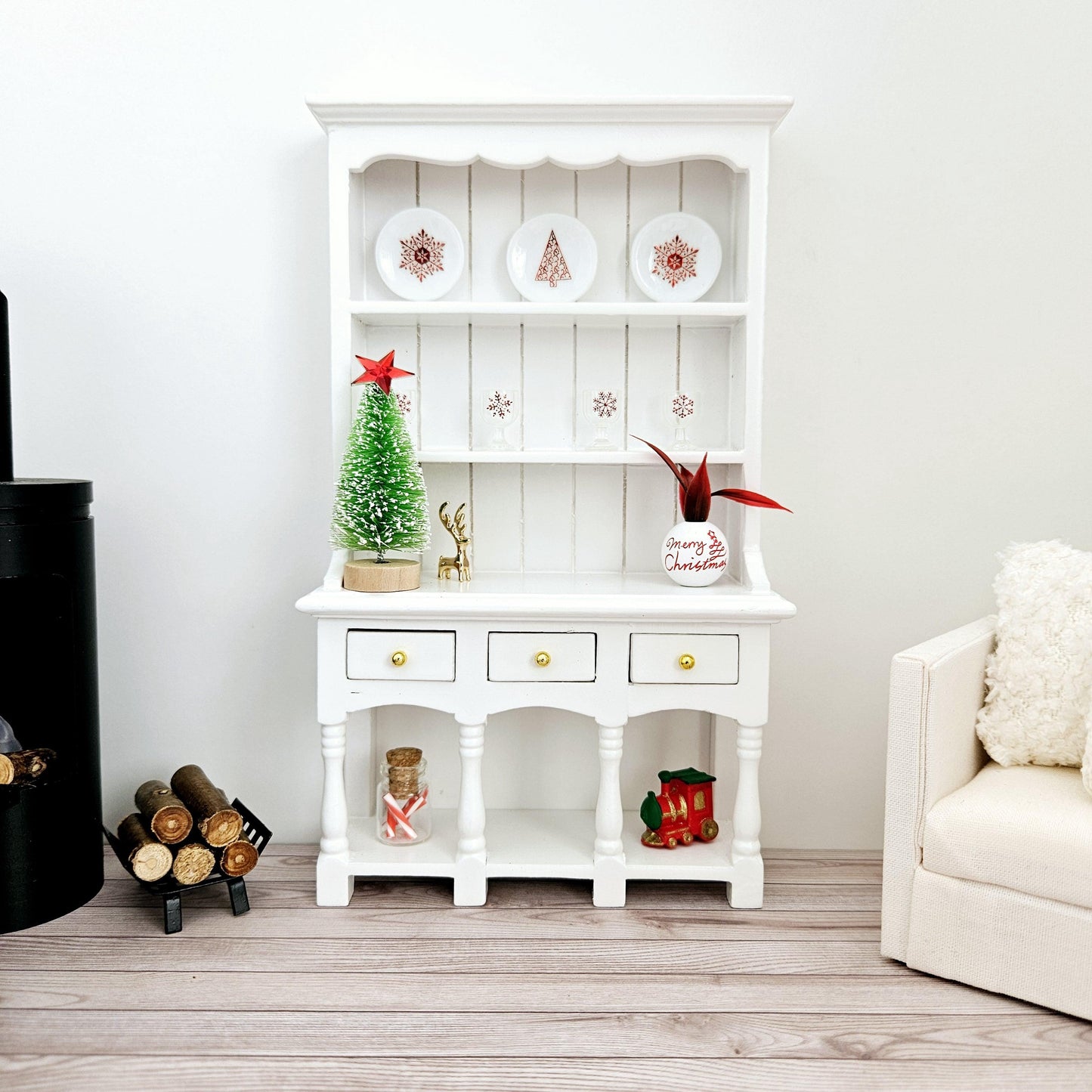 Dolls House Christmas White Wooden Dresser with 3 opening drawers and accessories, 1:12th Scale, Miniature Christmas Dresser