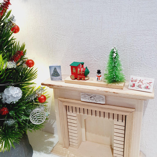 Dolls House Christmas Ornament, Green Christmas Tree & a Tiny Snowman, Little Train on a Stand, 1:12th Scale, Miniature Christmas Ornament