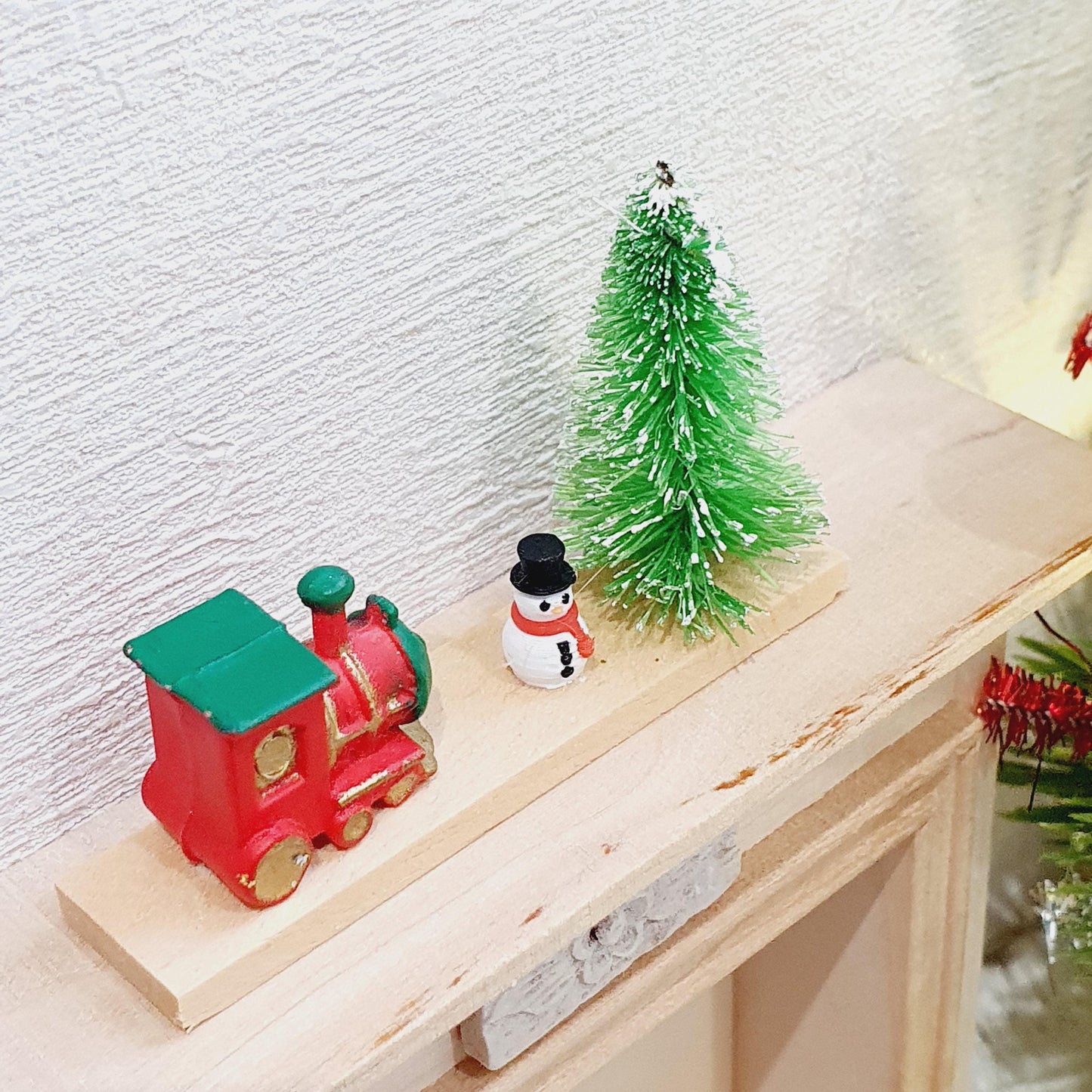 Dolls House Christmas Ornament, Green Christmas Tree & a Tiny Snowman, Little Train on a Stand, 1:12th Scale, Miniature Christmas Ornament