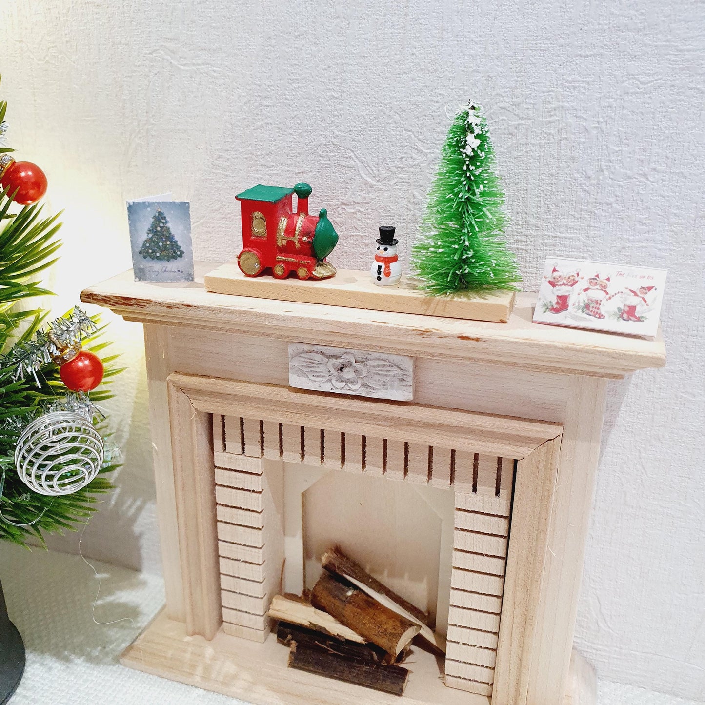 Dolls House Christmas Ornament, Green Christmas Tree & a Tiny Snowman, Little Train on a Stand, 1:12th Scale, Miniature Christmas Ornament
