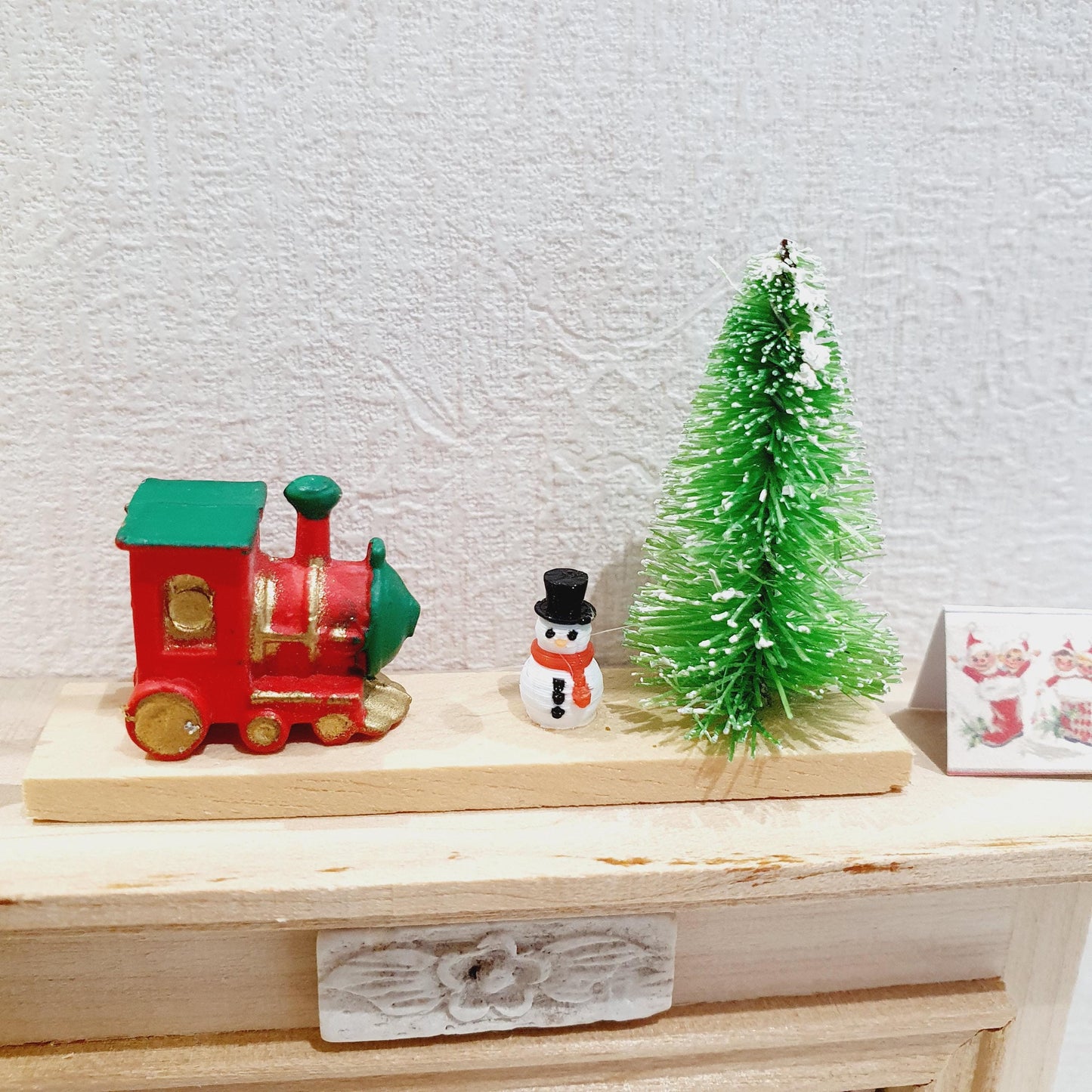 Dolls House Christmas Ornament, Green Christmas Tree & a Tiny Snowman, Little Train on a Stand, 1:12th Scale, Miniature Christmas Ornament