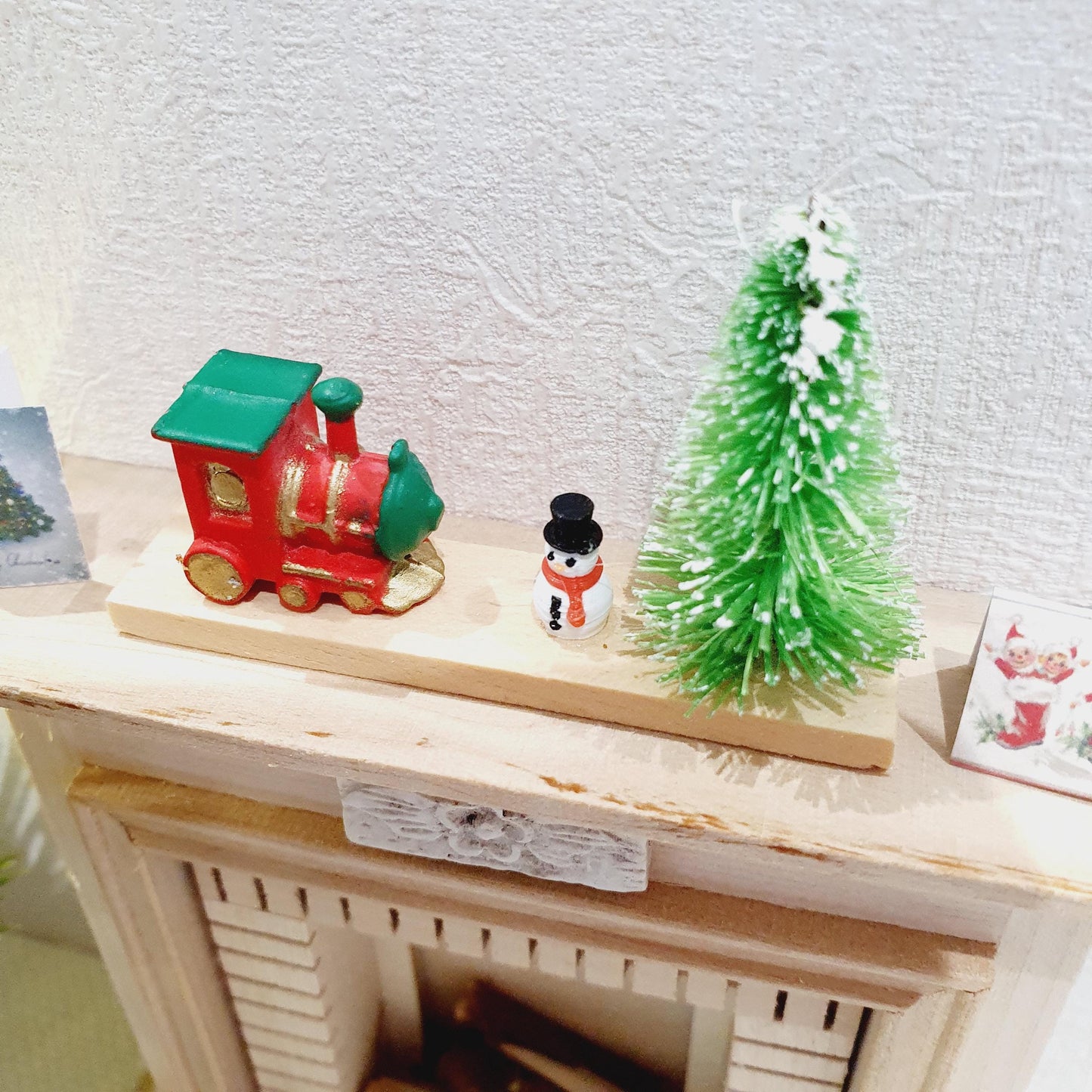 Dolls House Christmas Ornament, Green Christmas Tree & a Tiny Snowman, Little Train on a Stand, 1:12th Scale, Miniature Christmas Ornament