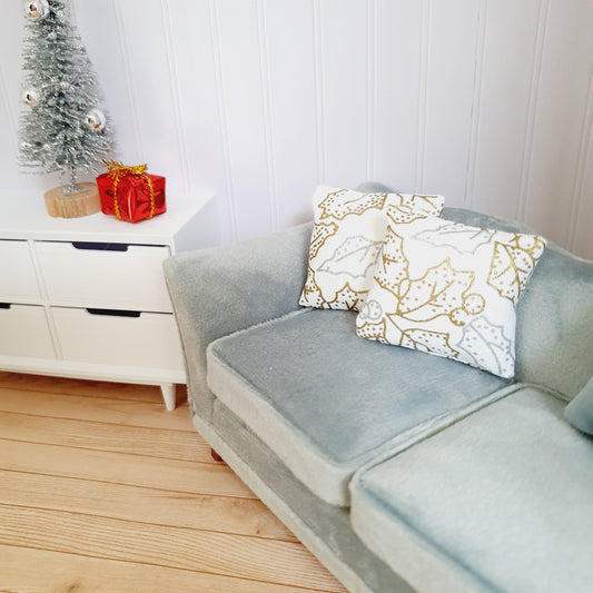 Dolls house Christmas 2 x Silver & Gold Holly cushions, 12th scale cushions, miniature cushions