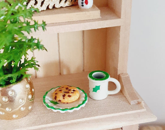 Dolls house Christmas Plate & Mug Set, with a tiny chocolate chip cookie, Holly design on each, 12th Scale, Miniature Christmas
