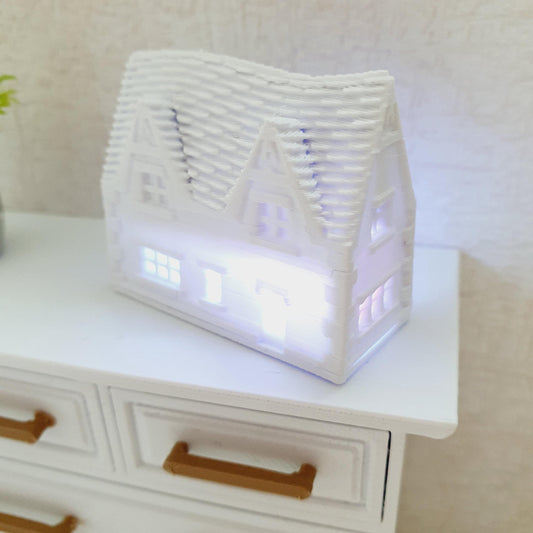 Dolls House Light up Christmas White Snow Village House Ornament, 12th Scale, Miniature House, Christmas Decoration