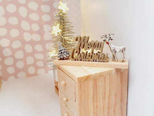 Dolls House Christmas Ornament, Merry Christmas on a Stand with a Reindeer & Christmas Tree, 1:12th Scale, Miniature Christmas Ornament