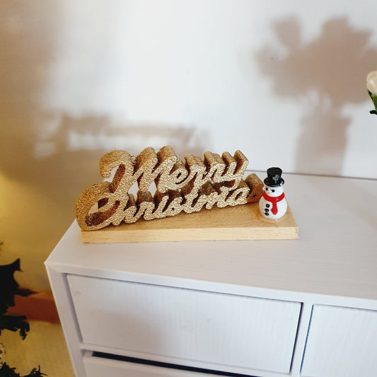 Dolls House Christmas Ornament, Merry Christmas & a tiny snowman on a Stand, 1:12th Scale, Miniature Christmas Ornament