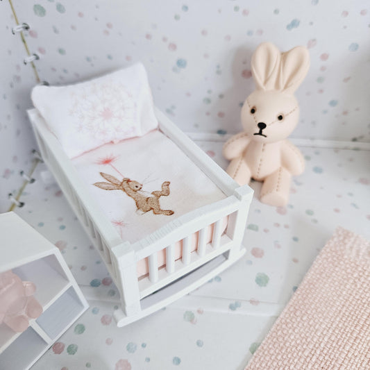 Dolls House Crib Bedding Set – Cute Rabbit Design, 1:12 Scale, miniature crib set