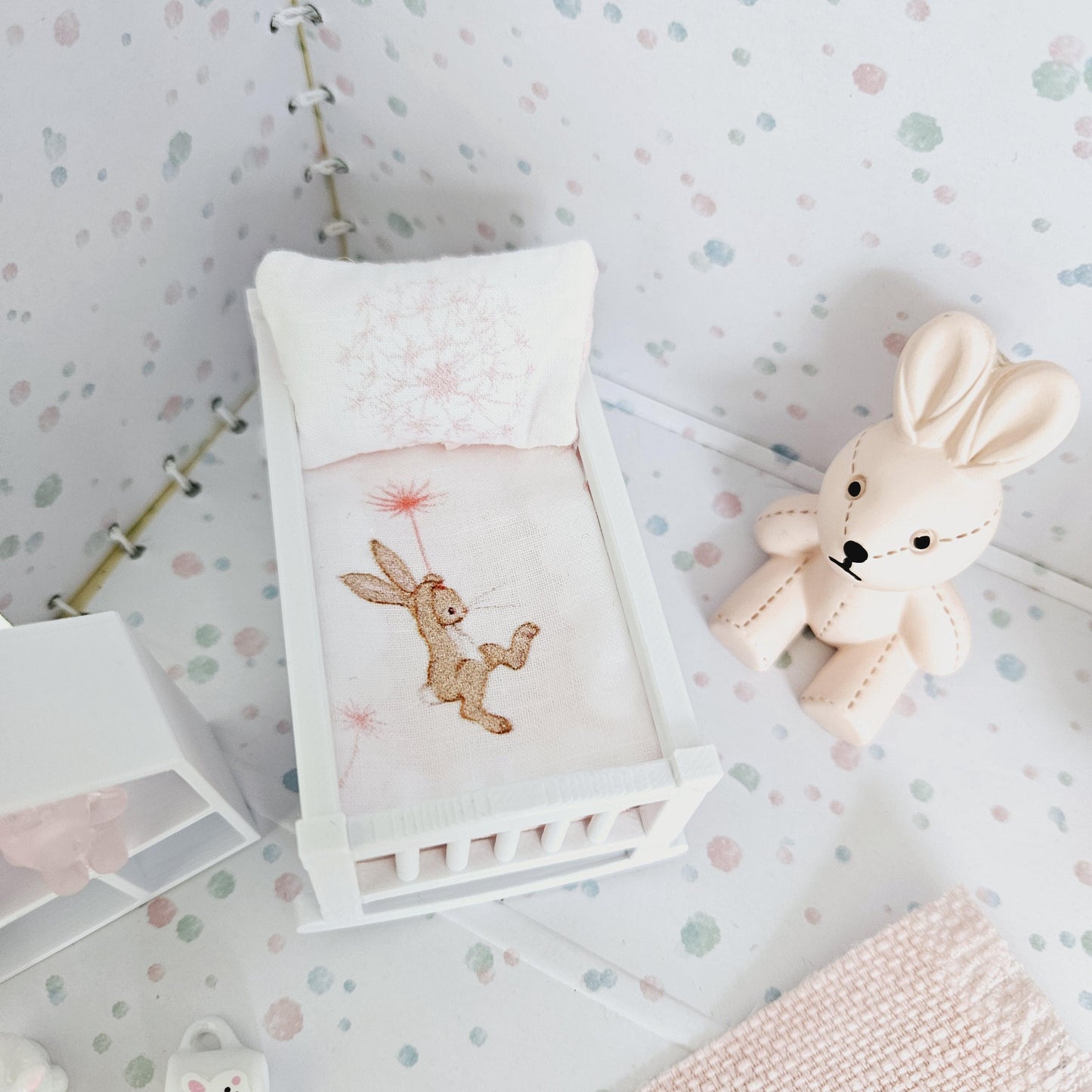 Dolls House Crib Bedding Set – Cute Rabbit Design, 1:12 Scale, miniature crib set