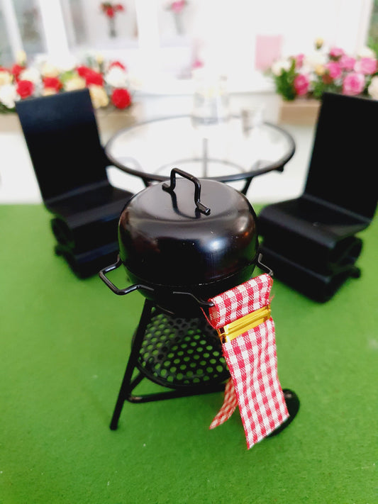 Dolls House Garden Kettle BBQ and Tea Towel, Miniature Garden bbq Set