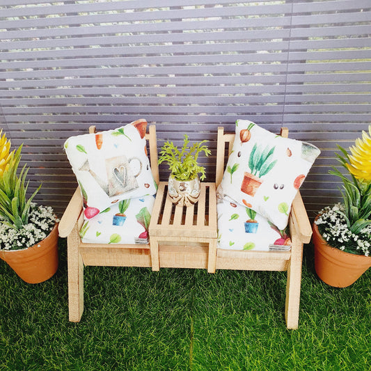 Dolls House Wooden Garden Seat Bench with Seat Pads in Garden Theme Cushions, Miniature, 12th Scale