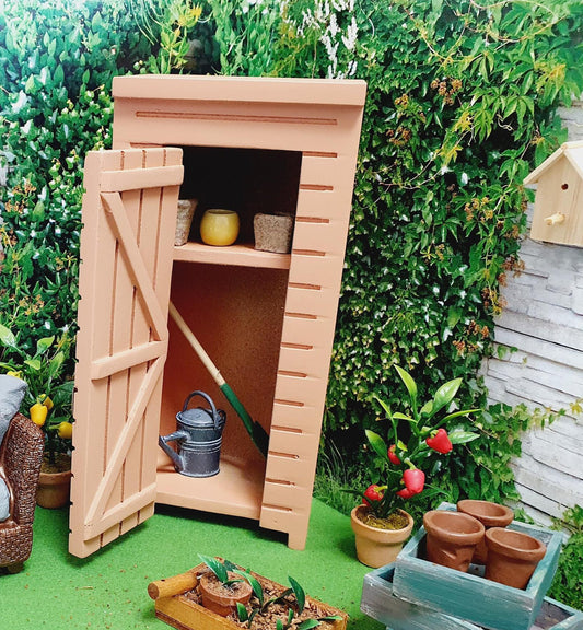 Dolls House Wooden Garden Shed with Shelf | Includes Tools, Watering Can & Flower Pots | 1:12 Scale Miniature