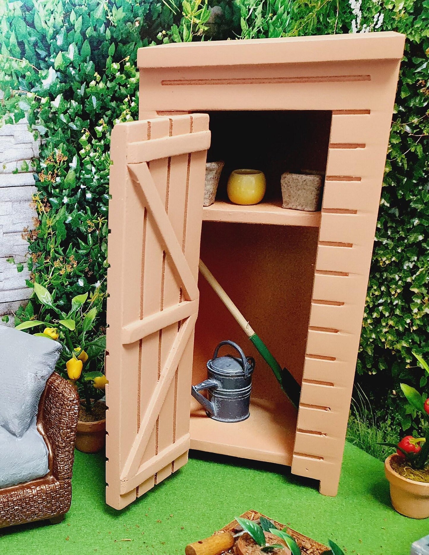 Dolls House Wooden Garden Shed with Shelf | Includes Tools, Watering Can & Flower Pots | 1:12 Scale Miniature