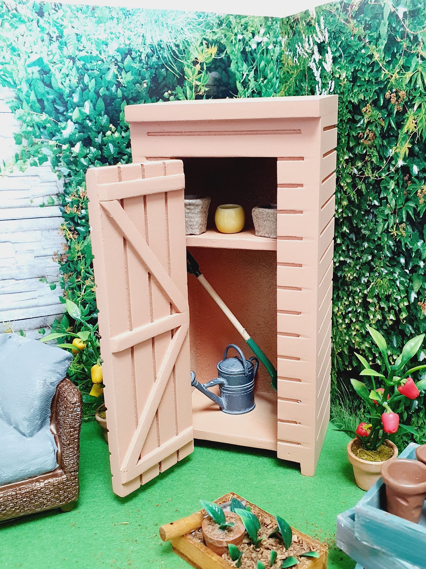 Dolls House Wooden Garden Shed with Shelf | Includes Tools, Watering Can & Flower Pots | 1:12 Scale Miniature